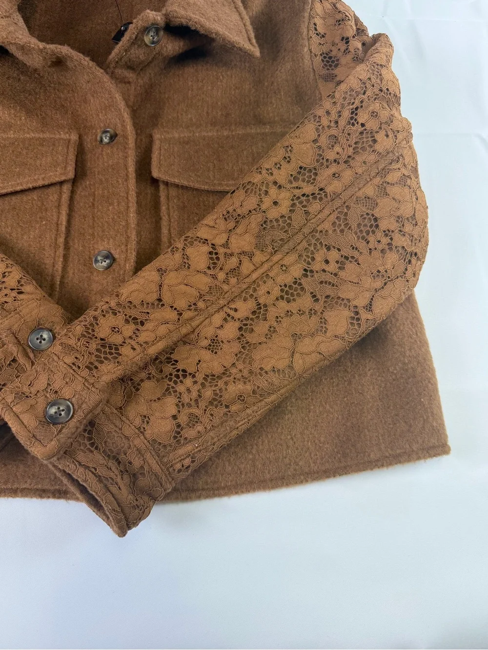 Express - Chic Brown Woven Lace-Sleeve Cropped Jacket NWT -Date  night ready L - Picture 4 of 16